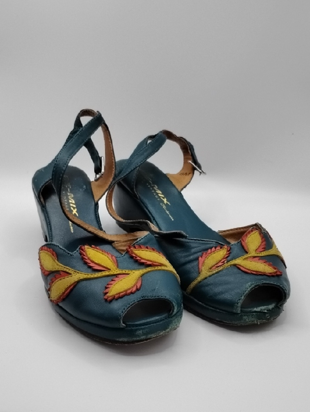 Re-Mix Teal Leather Open-Toe Wedges with Yellow & Red Leaf  Vintage Rockabilly